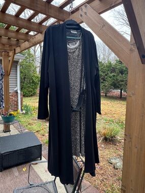 Avenue Black  long Cardigan with Black & Cream Patterned dress and belt